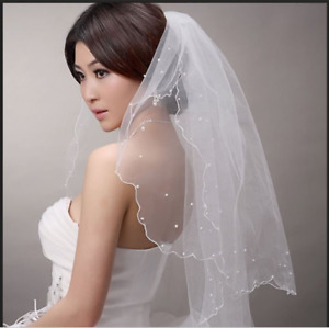 New Bridal Veil Short Style, Ribbon Edge, Wedding Veil With Adornment Pearls