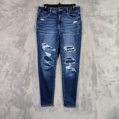 American Eagle Jeans Women 10 Blue Curvy Hi Rise Jegging Skinny Denim Ripped