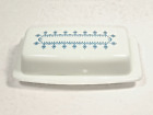 Pyrex Butter Dish 11 Blue Snowflake and Garland Pattern On White