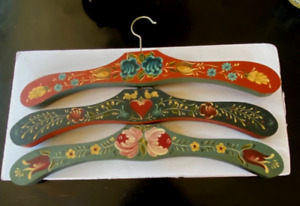 Lot of three vintage 1983 Rosemaling Hand Painted Wooden Coat Hangers