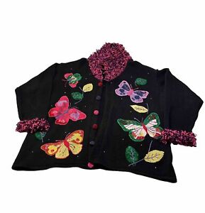 Storybook Knits Women Size 2XL Sweater Black Butterflies Cardigan Embroidered