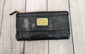 Fossil Long Live Vintage 1954 Emory Black Blue Pebbled Leather Clutch Wallet