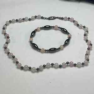 Rose quartz and maybe hematite necklace and stretch bracelet set petite trendy
