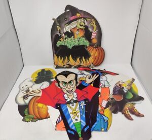 Vintage Halloween Diecut Lot - Beistle Jointed Dracula, Scarecrow, Witch, Ghost