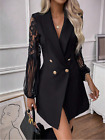 Black Contrast Lace Lantern Sleeve Double Breasted Blazer Dress Sz XS S M L XL
