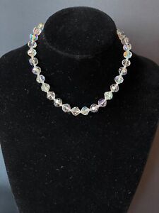 Vintage Highly Faceted 9mm Aurora Borealis Crystal Glass Necklace 19”