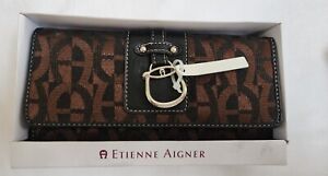 Etienne Aigner Signature Horse Bit Checkbook Wallet Brown Black Canvas Leather