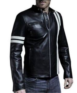 New Leather Jacket Mens Biker Motorcycle Real Leather Coat Slim Fit Black #1020