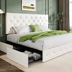 Sifurni Upholstered Bed Frame with 4 Storage Drawers and Diamond Headboard White