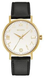 Bulova Masonic Men's Quartz Gold Black Leather Vintage Design Watch 39MM 97A149
