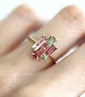 14K Yellow Gold Plated Baguette natural watermelon Tourmaline Women's Ring 7us