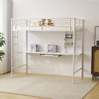 Metal Twin Size Loft Bed Frame with Desk and 2 Storage Shelves Bunk Bed