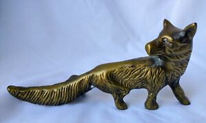 Vintage Solid Brass Fox Figurine Posed Looking Back w Patina - 7.5” x 3.5