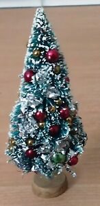 Vintage Christmas Bottle Brush Tree Glass Ornaments Tinsel Mica Snow Wood 6 Inch
