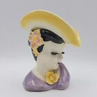 Vintage Ceramic Lady Head Face Vase Planter Yellow Hat and Rose Made In Japan