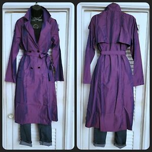Chic Metallic Purple Double Breasted Lightweight w/Pockets Belted Trench Coat M