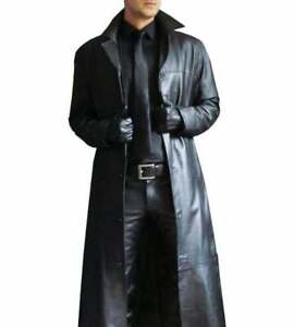 Men's Leather Long Coat Trench Coat Genuine Lambskin Leather Full Length Jacket