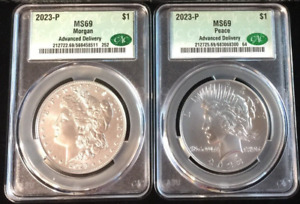 New Listing2023 CAC MS69 MORGAN PEACE Silver Dollar 2 COIN SET ADVANCED DELIVERY #Sa2