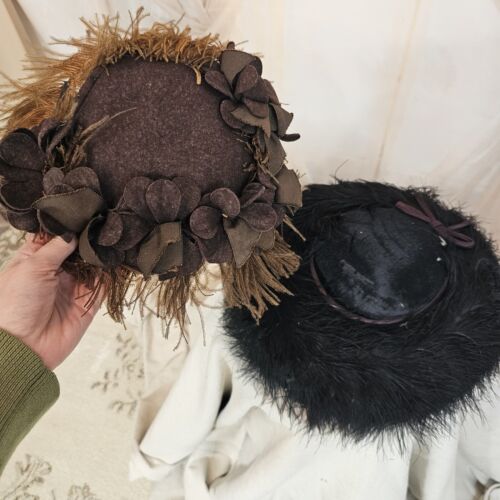 Antique Vintage Ostrich Feather Hat Lot of 2 Brown & Black Early 1900s Glamour