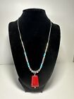 Silver Beads Turquoise Red Coral Pendant Necklace 10 1/4 Inches ELEGANT EUC