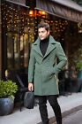 PAREZ Men's Green Daily Coat Belted Winter Cashmere Coat Slim Fit Italian Style