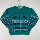 Womens Vintage Sweater Teal Green Blue Bears Christmas Holiday Size M Knit Crew