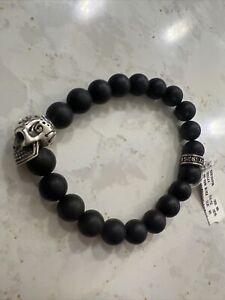King Baby Studio Onyx Beaded Bracelet With Silver Skull Size 7.5