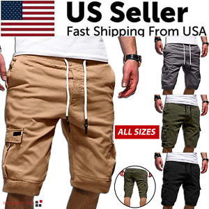 Men Casual Chino Cargo Shorts Elastic Waist Drawstring 6 Pockets Summer Trousers