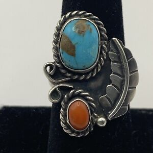 Vintage Old Pawn Size 8 Native American Ring Sterling Silver Turquoise & Coral