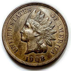Indian Head Cent Penny 1908 AU Full Liberty