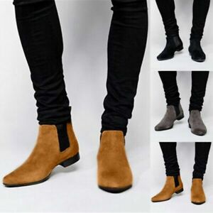 Mens Suede Dress Casual Flat Faux Leather Chelsea Ankle Boots Slip On Shoes