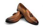 Genuine Leather Cognac Brown Slip On Men's Dress Shoes Loafers With Tassel AZAR
