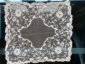 Antique French Edwardian Point de Gaze Lace Handkerchief -  Floral Design 11.5