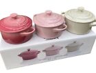 NEW in BOX Le Creuset 3 PC SET MINI ROUND COCOTTE Pink Ivory Ombre Stoneware Pot