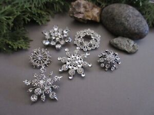 Vintage Lot of 6 Assorted Clear Rhinestone Silver Tone Round Brooches
