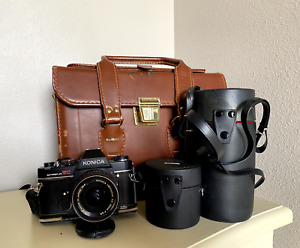 New ListingKonica Autoreflex 35mm Camera Lot: Konica Hexanon 3 Lenses, Case, Flash Mount