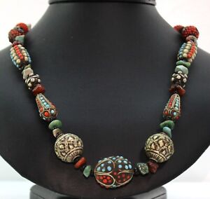 Antique Tibetan Silver Tone Gemstone Natural Coral Turquoise Necklace Handmade