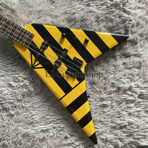 Custom Special Shaped V Electric Bass Guitar 4 String Black with Yellow Stripe