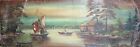 Antique oil painting house by the river with boats landscape, riverscape