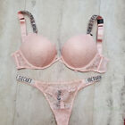 Victoria's Secret Bombshell + 2 cups lace Push Up Bra Set shine blush pink thong
