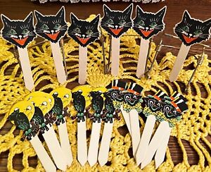 19 UNused Antique Vintage Halloween Cat & Owl Pick Diecut Decorations 1920s!