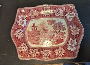 Antique Asian Elephant Platter Red & White Ironstone Transferware