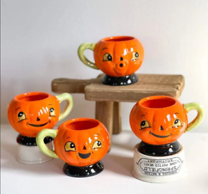 NEW! Set of 4 Johanna Parker Halloween Jack-O-Lantern Pumpkin Ceramic Tea Cups