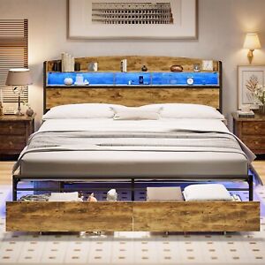King Size Metal Platform Bed with Storage Drawers+RGB Light Headboard Brown