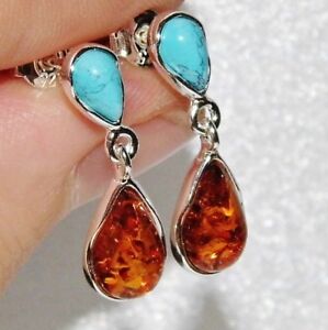 Sterling Silver Amber & Turquoise Ladies Dropper Earrings