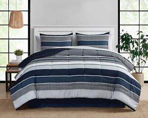 Blue Stripe 8 Piece Bed in a Bag Comforter Set With Sheets, Queen