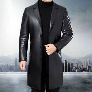 Men Leather Black Trench Coat Real Lambskin Leather Slim Fit Causal Overcoat Man