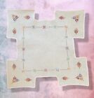 VTG Bridge Card Game Tablecloth Floral Embroidery Ecru w/Pink Edging Diamond Pts