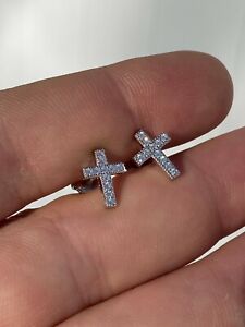 Real 925 Sterling Silver Men's Ladies' Cross Earrings Studs Simulated Diamonds