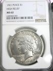 1921 High Relief $1 Silver Peace Dollar NGC MS62 Very Strong Strike Q4CT